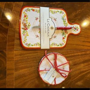 Le Cadeaux Cheese Board, Laguiole Knife, 4 Appetizer Plates NEW